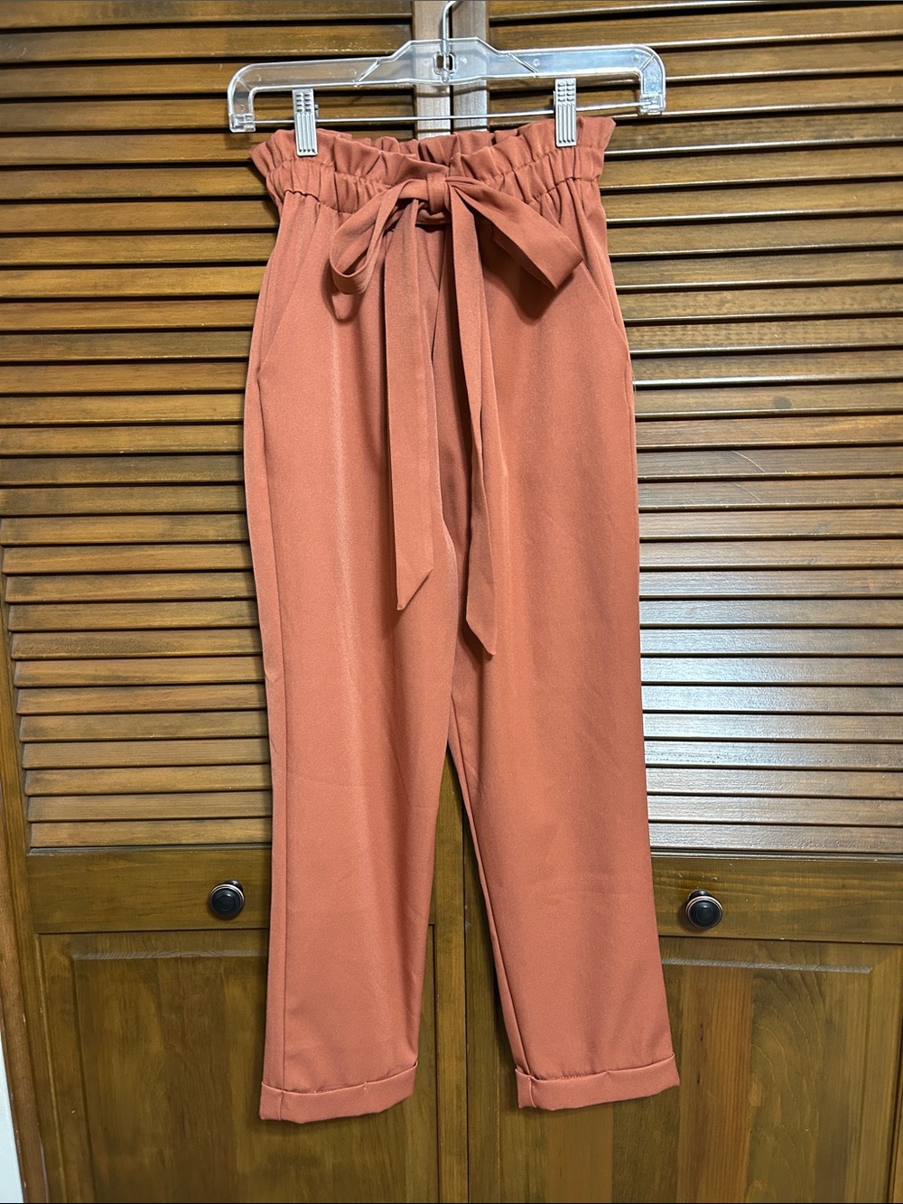 Sienna Sky High Waisted Paperbag Style Belted Rust Trousers Pull-on Pants Size S